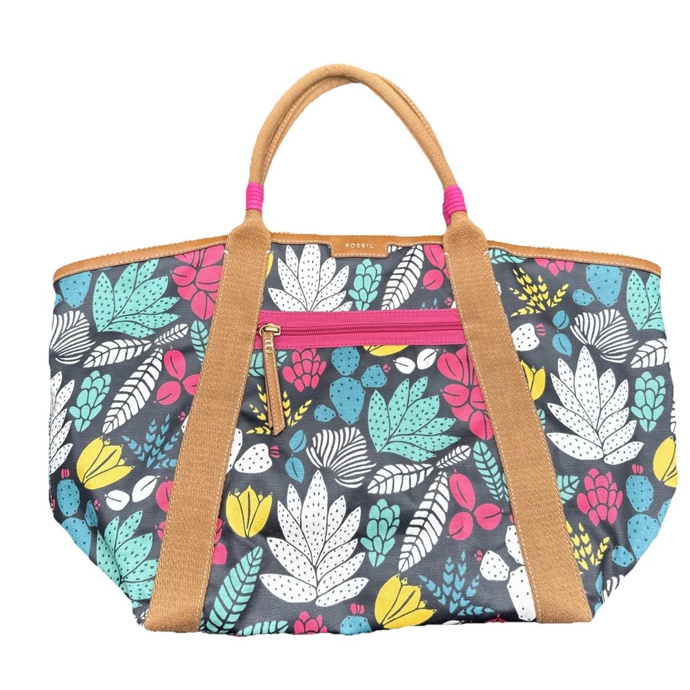 FOSSIL Large Eliza Beach Tote Dark Floral Coated Canvas Oversized Shoulder Bag - Picture 7 of 16
